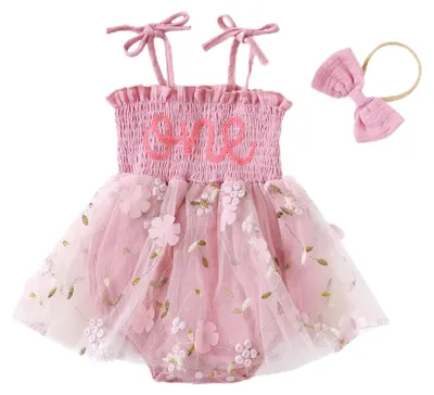 Imagen del producto de Vestido para bebé con tirantes, bordado, para bebés de 6 a 12 meses, color rosa pálido