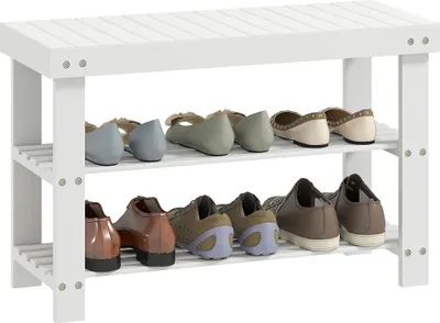 Image de HOMCOM Banc à chaussures en bambou, étagère à chaussures à 3 niveaux, style scandinave, banc de rangement pour entrée, salon, chambre, charge 136 Kg, 70 x 28 x 45 cm, blanc