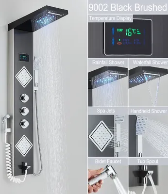 Obrázek produktu pro LED sprchový panel 5 funkcí Koupelnová sprchová baterie Nástěnná černá studená a teplá voda Sprchový sloup