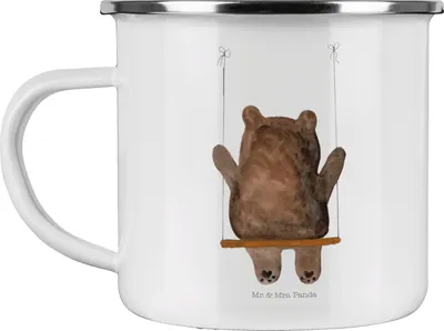 Produktbild von Mr. & Mrs. Panda Teetasse Bär Schaukel - Weiß - Geschenk, Haferl, Teebecher, Emaille Becher, Tasse, emaillebecher, Teddy