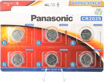 A blister pack of Panasonic CR2025 lithium coin batteries.