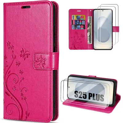 Image de Coque + 2 Verres Trempés pour Samsung Galaxy S25 Plus (S25+) Protection Anti-Rayures Synthécuir Relief Floral Fuchsia