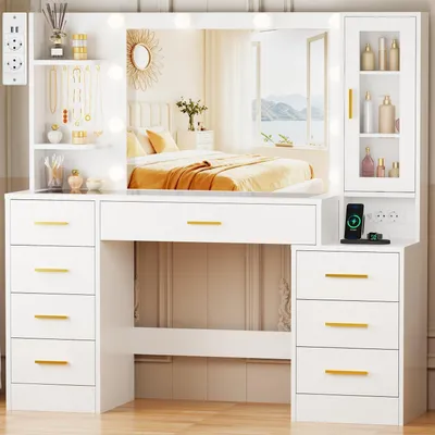 Immagine prodotto di Comò da trucco con illuminazione a LED, presa di corrente, specchio, piano in vetro, 8 cassetti, 3 ripiani, 5 ganci, colore bianco