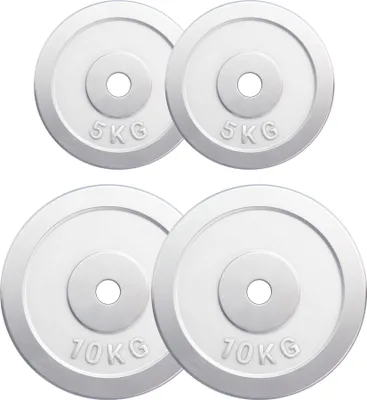Produktbild von GORILLA SPORTS® Hantelscheiben - 30 kg Set, 2x5 kg, 2x10 kg Gewichte, 30/31mm Bohrung, aus Chrom - Gewichtsscheiben