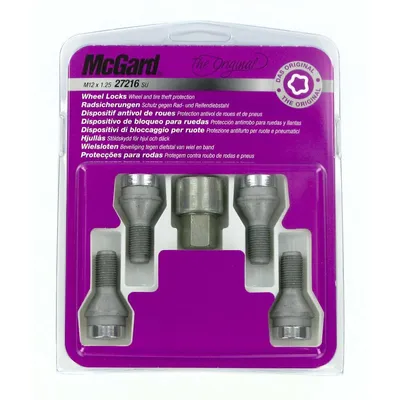 Imagen del producto de Juego de antirrobos para llantas MCGARD Original, cromados, con ángulo de 60°, rosca M12, boca de 17 mm y longitud de 22 mm, compatibles con FIAT 500 (312), y también adecuados para PEUGEOT 2008 (versión familiar/familiar - CU), 207 (WA, WC) y 206 (versión hatchback/compacta)