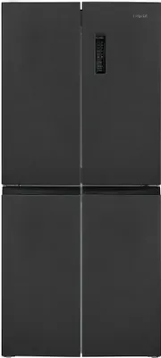 A front view of a dark gray, four-door refrigerator.