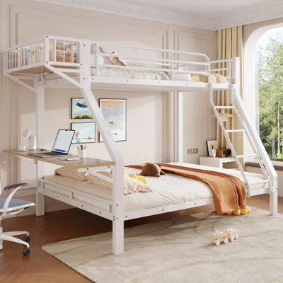 Produktbild von Etagenbett mit Schreibtisch, offenem Staufach, Geländer & Leiter, flexible Montage, Metall, Weiß, 90x200 / 140x200cm