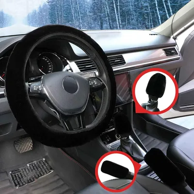Obrázek produktu pro Univerzální plyšový potah volantu, 3 kusy zimních potahů volantu automobilu, sada potahů ruční brzdy a řadicí páky, 38 cm, černá barva, polyester
