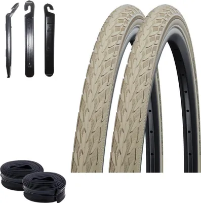 Zdjęcie produktu dla Zestaw ofertowy / 2 x opona rowerowa Schwalbe Delta Cruiser Plus 28" z refleksem w kolorze kremowym 40-635 (28 x 1 1/2) + 2 dętki Schwalbe AV17 z 3 dźwigniami do opon