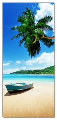 Produktbild von Wallario selbstklebende Türtapete 93 x 205 cm - Urlaub am Palmenstrand unter Palmen mit Fischerboot - Abwischbar, rückstandsfrei zu entfernen
