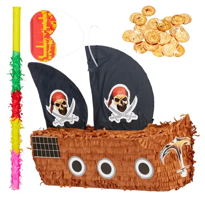Produktbild von 291 tlg. Pinata Set Piratenschiff, Pinatastab & Augenbinde, 288 Goldtaler, Piraten Piñata, Stab mit Augenmaske, bunt