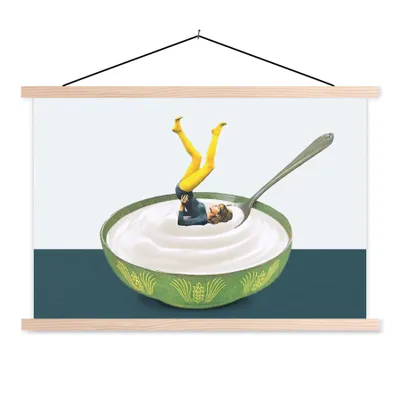 Produktbild von MuchoWow® Textilposter Joghurt - Yoga - Retro 120x80 cm mit holzfarbenen Rahmen - Aufhängeset
