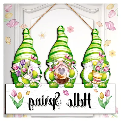 Produktbild von Willkommensschild Frühling mit Wichtel und Blumenmotiv, Holzdekor für Zuhause