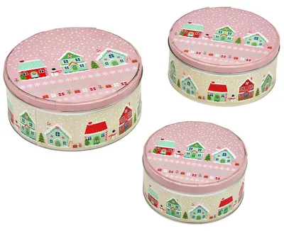 Produktbild von Große Metall Plätzchendosen Weihnachtsdorf 3er Set Rosa Bunt