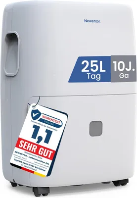 Imagen del producto de Deshumidificador eléctrico, capacidad de 25 litros, ideal para uso doméstico en espacios de 215 m³/80 m², con temporizador, filtro y manguera de desagüe, garantía de 10 años.