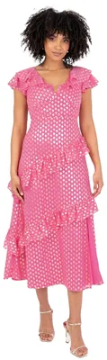Produktbild von Damenkleid in Rosa mit Folienmuster, Midi-Länge, V-Ausschnitt, Rüschenärmel, gestuft geschnitten, A-Linie, ideal für Partys