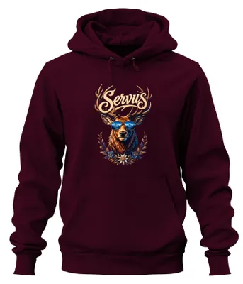 Immagine prodotto di Occhiali da sole "Servus Hirsch Geweih", pantaloni in pelle "Edelweiß", felpa con cappuccio, colore bordeaux, taglia XL