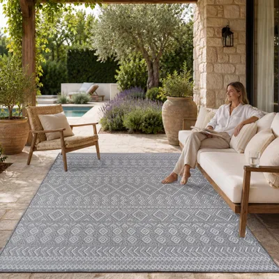 Produktbild von Outdoor Teppich Flachgewebe modern Boho Ethno wetterfest Außenbereich Grösse 80x250 cm