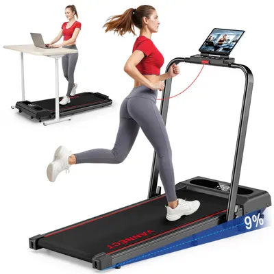 A collage showing a treadmill in use and a woman using it while working.