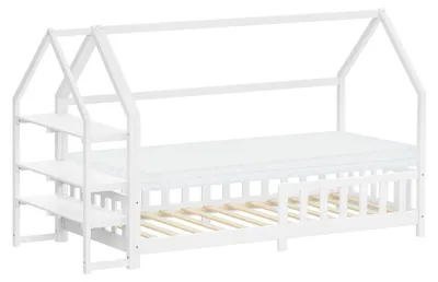 Produktbild von ML-Design Kinderbett 90x200cm mit Matratze H:10 Regal Rausfallschutz Dach & Lattenrost Montessori Bodenbett Kiefernholz Hausbett für Mädchen & Jungen