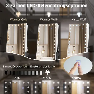 Produktbild von GOPLUS Schmuckschrank mit LED, Spiegelschrank mit Rollen & Ganzkörperspiegel & Ablage, abschließbar höhenverstellbar mit Rollen (Weiß)
