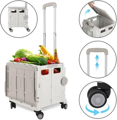 Immagine prodotto di Carrello della spesa - con 4 ruote, capacità fino a 55 kg - Cesto portarazioni - 50 litri - ideale per la spesa, i viaggi e il campeggio - colore bianco