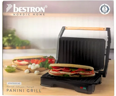 Produktbild von Bestron Panini Grill skandinavisches Design, Kontaktgrill für Paninis, Sandwiches, Fleisch & Gemüse, antihaftbeschichtet, 700W, NORDIC HOME APM700SCAG