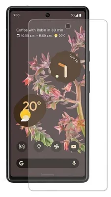A screen protector is placed over a smartphone screen displaying a wallpaper and widgets.