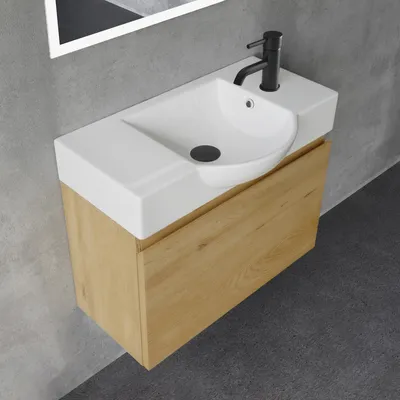 Produktbild von Alpenberger Badezimmermöbel Set | Waschbecken mit Unterschrank 55 cm Breit | Badezimmerschrank Badschrank Schmal | Badmöbel Waschtisch | Waschbeckenunterschrank Eiche Natur