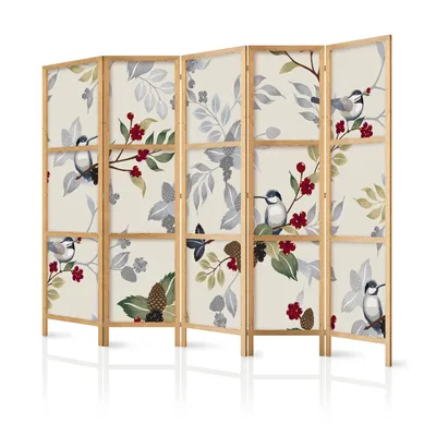 Produktbild von Paravent XXL Blumen Blätter Vögel Natur Garten 225x171 cm - 5-teilig - einseitig - eleganter Sichtschutz - Raumteiler - Trennwand - Raumtrenner - Holz - Design Motiv - Deko - Japan b-B-0593-z-c
