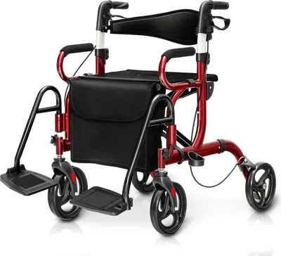 Immagine prodotto di COSTWAY 2 in 1 sedia a rotelle e rollator pieghevole e leggero, ausilio per la deambulazione regolabile in altezza in 6 posizioni, telaio con sedile, borsa, freno e supporto per bastone rosso