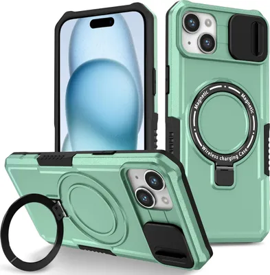 Produktbild von Handyhülle für iPhone 15 /iPhone 14 Kompatibel mit MagSafe, Robuste Hülle mit Schiebe Kamera Schutz, Magnetischer Ringständer Grün