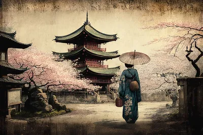 Canvas-Bild Pogoda Asia Vintage 75x50 cm Beige Blau