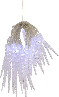A string of white LED icicle lights against a white background.