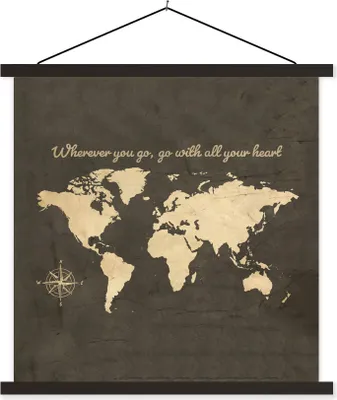 Produktbild von MuchoWow® Textilposter Weltkarte - Vintage - Windrose 120x120 cm mit schwarzem Rahmen - Aufhängungsset