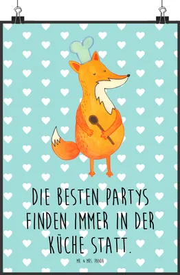 Produktbild von Mr. & Mrs. Panda Bild Fuchs Koch DIN A0 - Türkis Pastell - Geschenk, Hungrig, Bäcker, Wandbild, drucke, Chefkoch, Kunstdruck, wanddeko, Plakat, Geburtstag