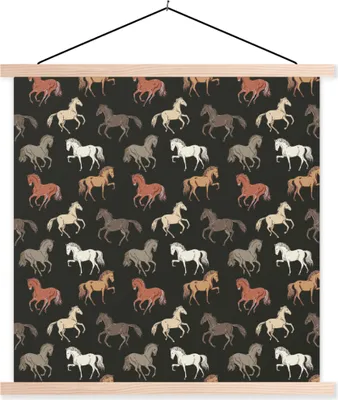 Produktbild von MuchoWow® Textilposter Pferde - Schwarz - Muster - Mädchen - Kinder - Mädchen 40x40 cm mit holzfarbenen Rahmen - Posterleiste