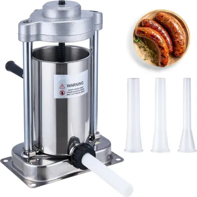 Produktbild von Manueller Wurstfüller 2L - Vertikale Wurstmaschine aus 304 Edelstahl - Stabile Konstruktion - 3 Wurstrohre - Großes Fassungsvermögen - Lebensmittelecht - Einfach zu reinigen