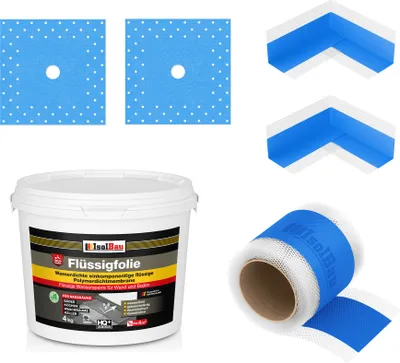 Produktbild von Isolbau Dicht-Set - Inkl. 1x Flüssigfolie (4 kg), 1x Dichtband (5 m), 2x Innenecken & 2x Manschetten