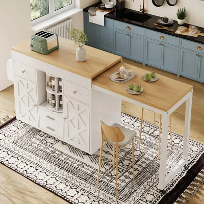 Produktbild von okwish Bartisch Ausziehbar mit 360° drehbarer Organizer Küchenbuffet mit mit ausziehbarer Tischplatte und verstellbare Ablagen Küchenschrank mit Handtuchhalter und Rollen Weiß