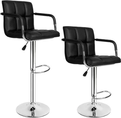 Two black bar stools with silver bases and adjustable height mechanisms are shown against a white background.