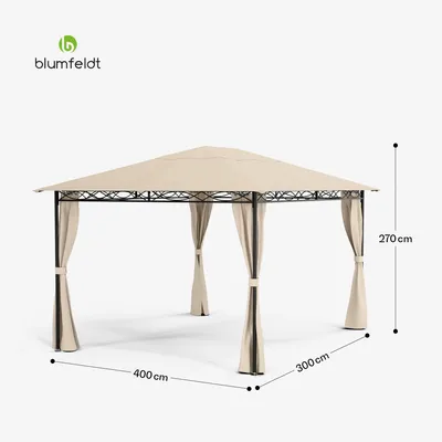 Obrázek produktu pro Blumfeldt Mondo altán 3x4 - ocelový rám, se závěsy, stříška odolná proti povětrnostním vlivům, zahradní altán, odolný proti korozi, jednoduchá montáž, béžový