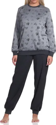 Produktbild von Damen Frottee Schlafanzug mit Bündchen Pyjama in toller Herz Optik - auch in Übergrößen ; anthrazit-melange , 48/50