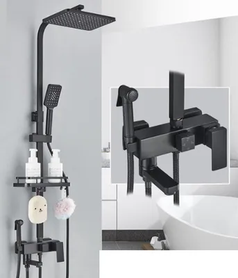 Produktbild von Happyment Komplettes Duschsystem – ABS Duschset – 4 Funktionen – Kopf- & Handbrause – Quadratische Regendusche – Verstellbar – Mattschwarz