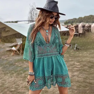 Obrázek produktu pro Hluboký výstřih Boho Beach Outing Transparentní y krajková tunika Pareo plavky, zelená