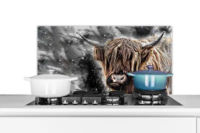 Produktbild von KitchenYeah®  Spritzschutz Küche - Küchenrückwand - Wandschutz für Herd und Spüle - Schottisches Hochlandrind - Tiere - Schwarz 80x40 - Alu-Dibond (Alternative zum Spritzschutz aus Glas) - Hitzebestän