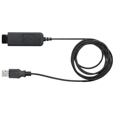 A black USB cable with a black adapter is laid out on a white background.