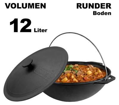 A cast iron pot filled with stew, with its lid open and placed beside it. Text indicates volume and type of product.