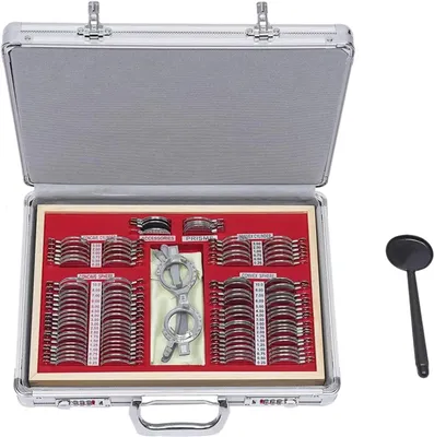 Produktbild von Prüfgläser-Set - Optometrie-Set - 104 Teile - Linsen mit Metallrand - Präzise Messung - Farbige Aufbewahrungsbox - Retinoskopie-Gestell - Rot