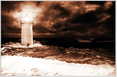 Produktbild von Wallario Wandbild Abstrakter Leuchtturm im Wasser bei stürmischer See, Größe: 61 x 91,50 cm, Poster mit weißem Aluminiumrahmen